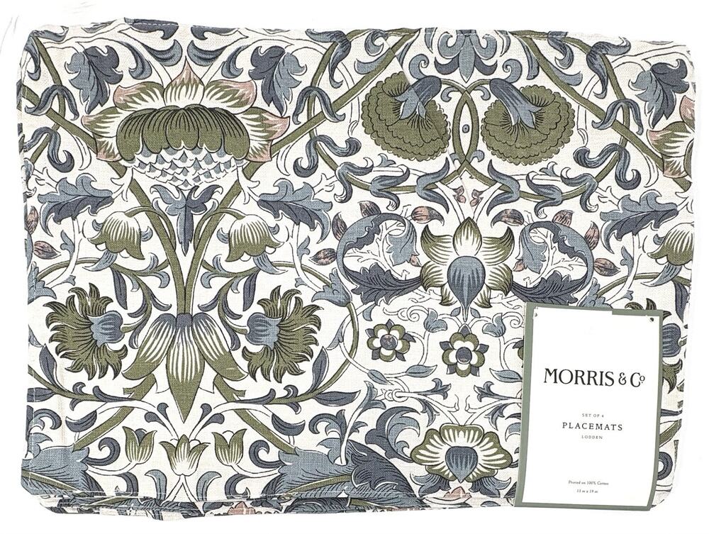 William Morris & Co Placemats Lodden 100% Cotton Fabric 13x19 Set 4 Green Blue